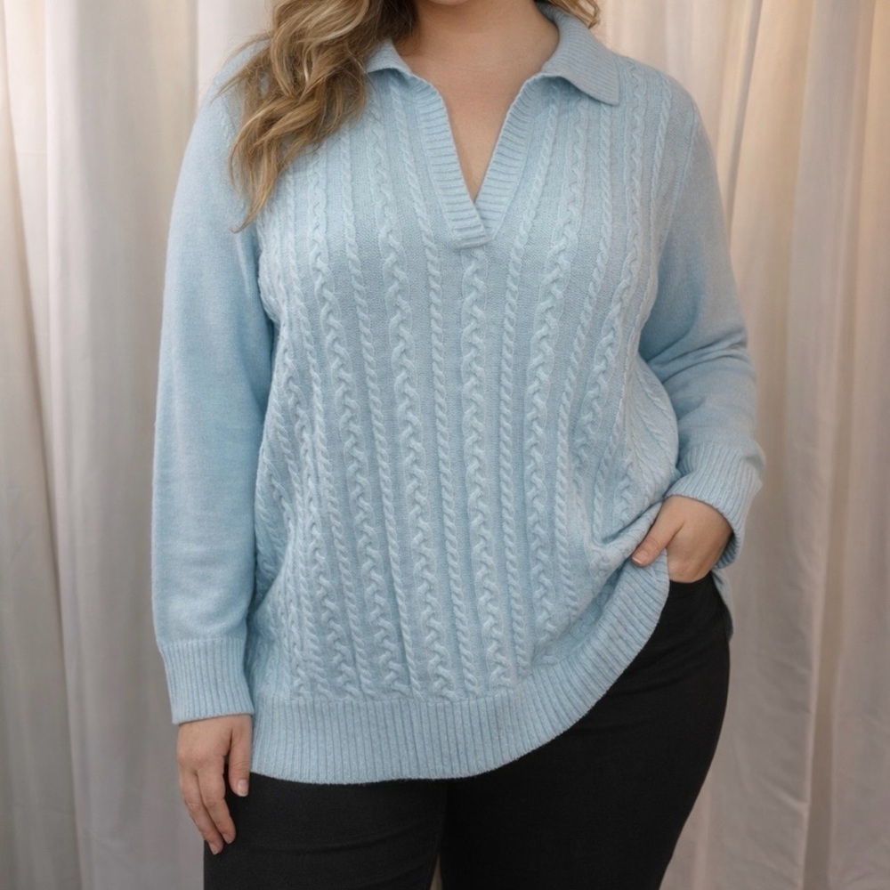 NWT Talbots Pastel Mint Blue Cotton Cable Knit Collared Sweater Plus Size 1X